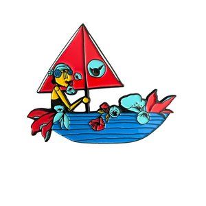 Colorful Sailboat Pin Brooch Woman Flowers Red Blue 2.5" x 2" NWOT